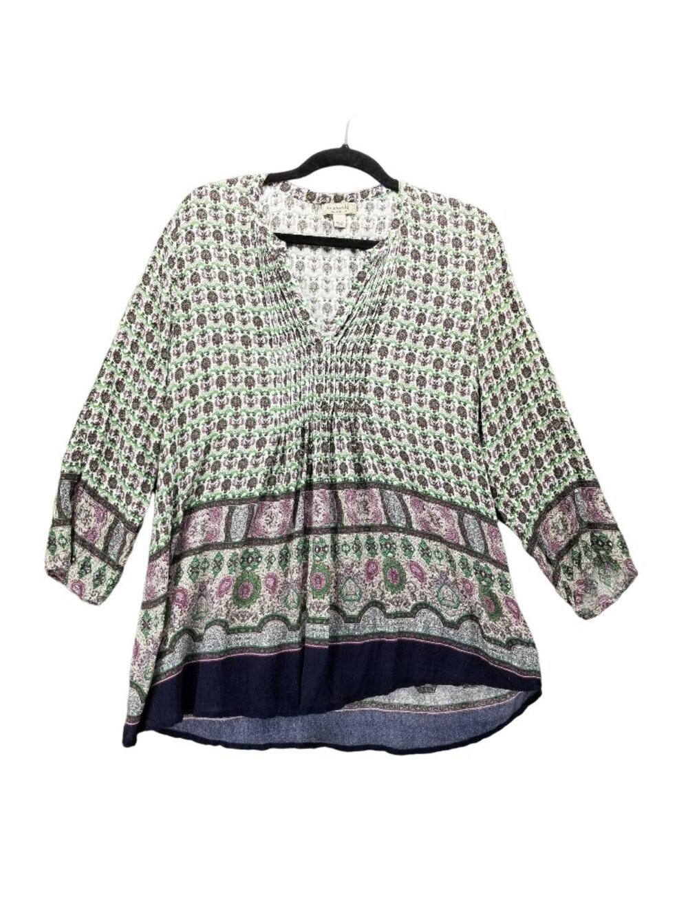 One World Shirt Womens Large Green 100% Viscose Floral Print V Neck Blouse